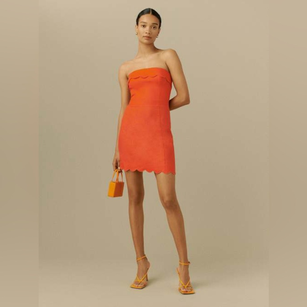 NWT Reformation Isles Linen Strapless Scalloped Mini Dress Orange size 2 - Picture 2 of 9